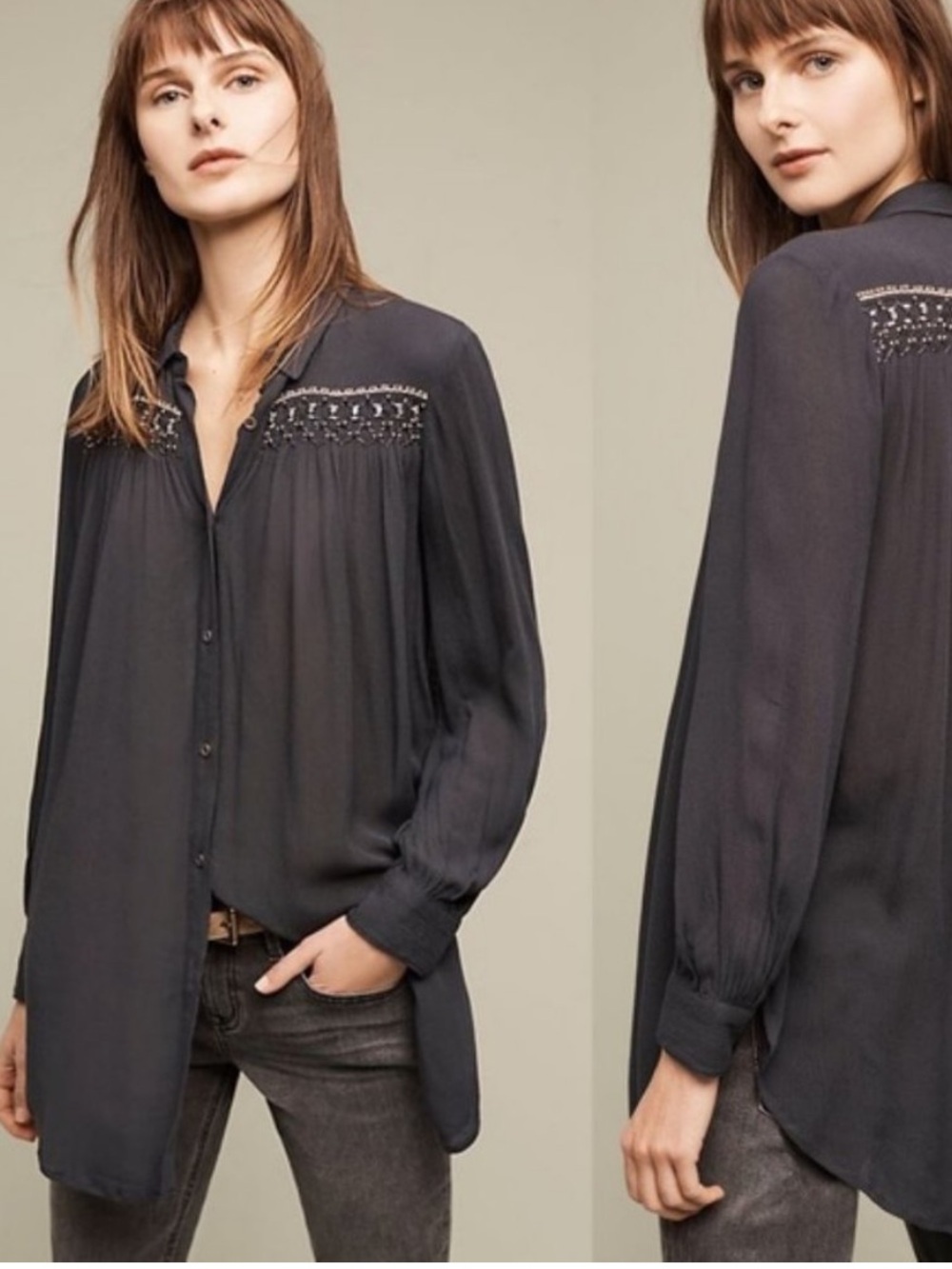 Floreat Beaded Yoke Button-Front Blouse